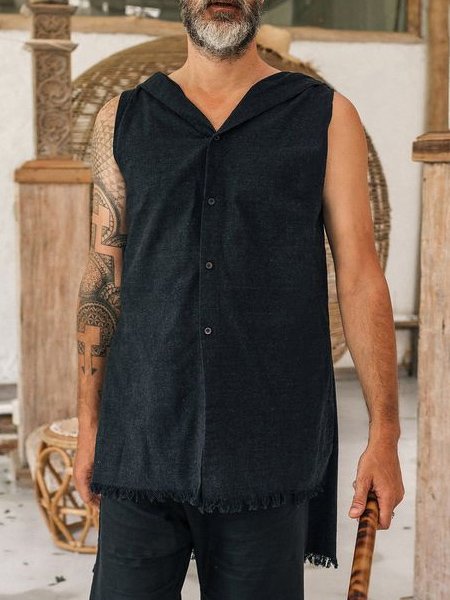 

Men's Vintage Cotton Linen Sleeveless Shirt, Black, Shirts ＆ Blouse