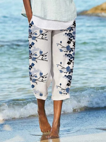 

Floral print loose stretch waist pocket Capris Plus Size, White, Shorts