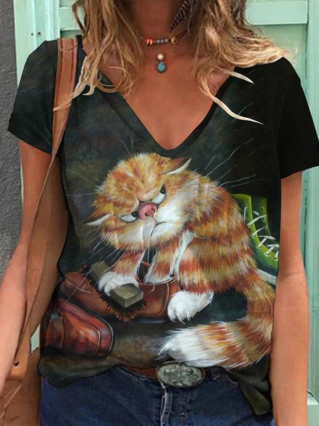 

Loosen Animal Casual Short Sleeve T-Shirt, Yellow, T-Shirts