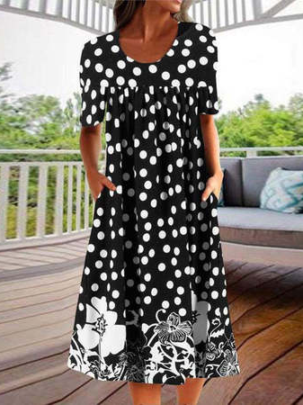 

Vacation Floral Regular Fit Short Sleeve Women Dress, Black, Midi Dresses