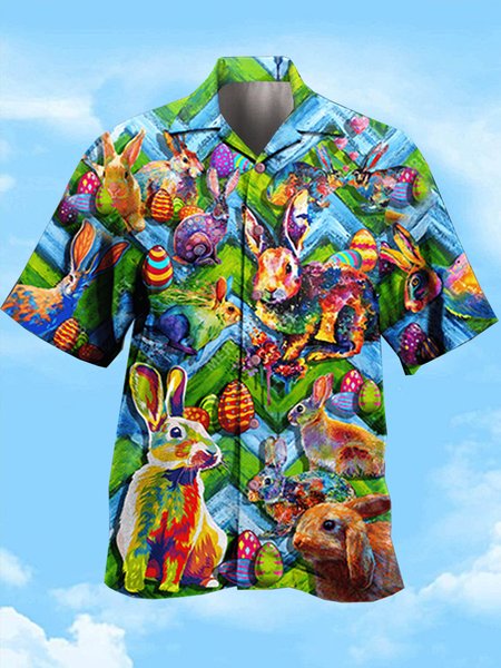 

Mens Easter Print Casual Breathable Short Sleeve Shirt, As picture, Men's Floral shirt
