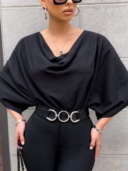 

Cowl Neck Solid Elegant Short Sleeve Top, Black, Tops