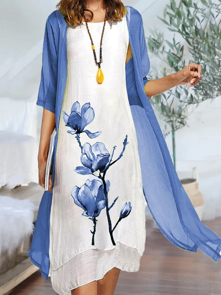 

Charming Two Pieces Crew Neck Floral Half Sleeve Mother of the Bride Groom Wedding Guest Formal Dress With Linen Cardigan, Blue, Midi Dresses