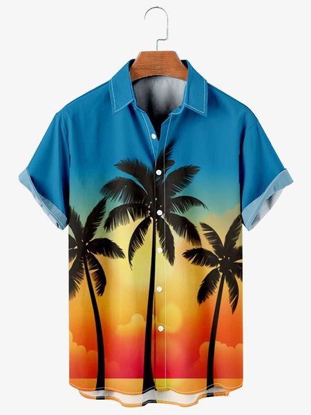

Mens Hawaii Coconut Tree Print Loose Short Sleeve Aloha Shirts, Blue, Men's Floral shirt