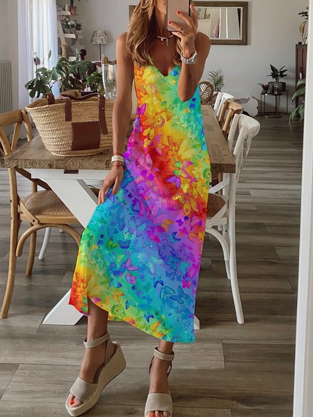 

Rainbow gradient butterfly print loose V-neck sleeveless ice silk dress Plus Size, Multicolor, Dresses