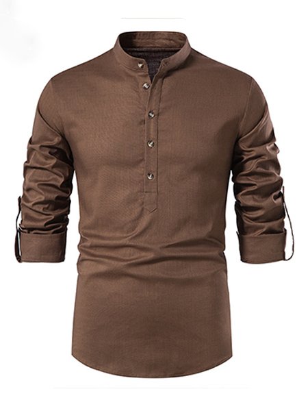 

Men's Linen Henley Collar Long Sleeve Shirt, Coffee, Shirts ＆ Blouse