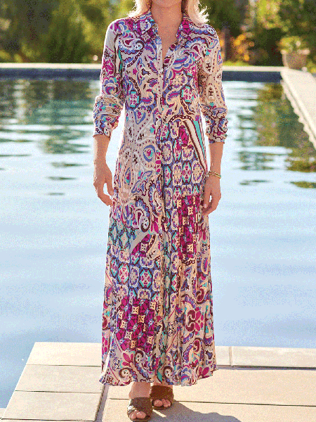 

Boho Tribal Long Sleeve Woven Dress, Rose red, Maxi Dresses
