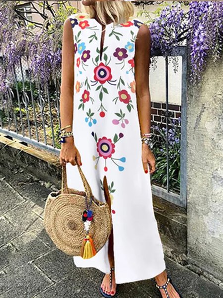 

Vacation Crew Neck Tribal Short Sleeve Woven Dress, White, Mini Dresses