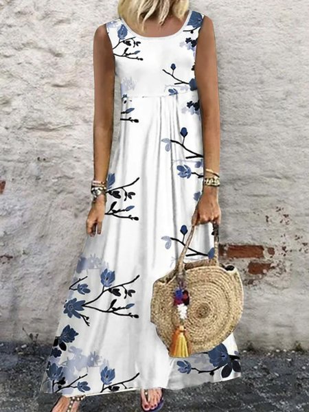 

Vacation Floral Casual Loosen Crew Neck Sleeveless Maxi Knit Dress, White, Maxi Dresses