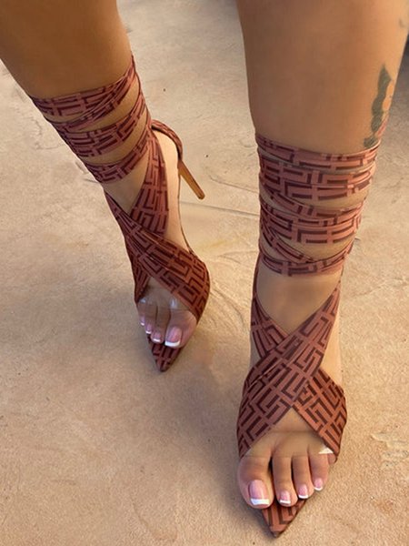 Sexy Ankle Lace-Up Pointed-Toe Stiletto Sandals, Coffee, Sandals