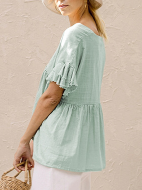 

Cotton V Neck Loosen Short Sleeve Tops, Aqua, T-Shirts
