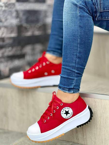

Women's Solid Color Platform Lace-Up Sneakers, Red, Athletic & Casual Shoes