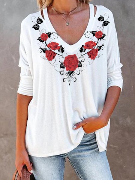 

V Neck Loosen Casual Floral Elegant Long Sleeve T-Shirt, White, Long sleeve tops
