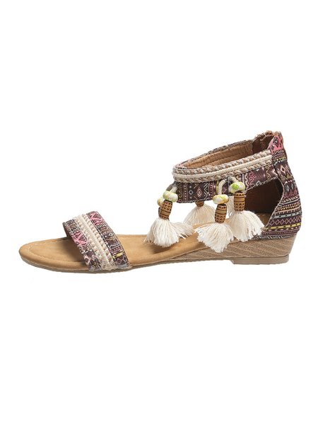 Buy Fringe Beaded Wedge Sandals with Ethnic Boho Pattern, Zolucky, Brown