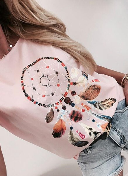 

Casual Crew Neck Feather Short Sleeve T-Shirt, Pink, T-Shirts