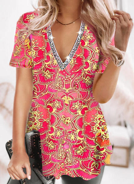 

Floral V Neck Basics Short Sleeve Tops, Red, T-Shirts