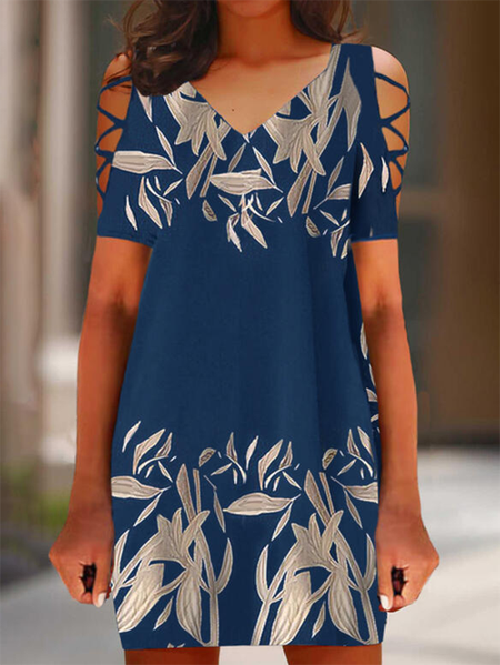 

Leaves V neck Short Sleeve Casual Knit Dress, Blue, Mini Dresses