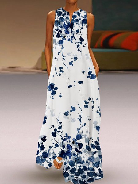 Floral holiday print sleeveless loose A-style daily beach dress long Plus Size, Blue, Maxi Dresses