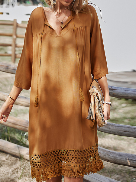 

Plain Vacation tassel Regular Fit Short Sleeve women Dress, Orange, Dresses