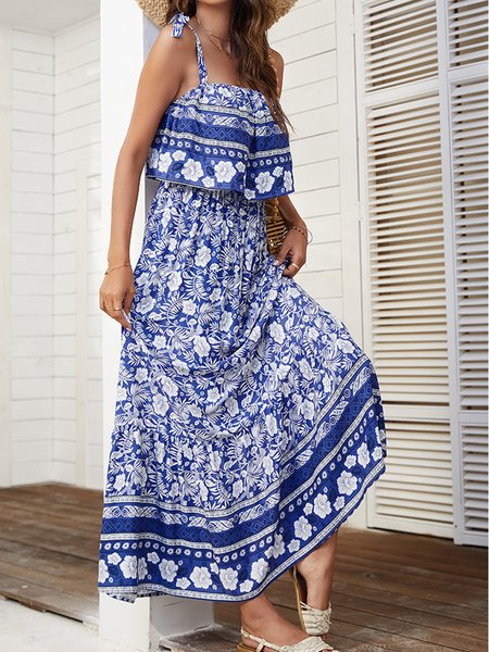 

vacation Regular Fit Spaghetti Floral tribal Short Sleeve women Dress, Blue, Dresses