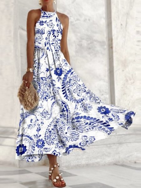 

Vacation Tribal Floral Boho Loosen Halter Sleeveless Long Woven Dress, White, Maxi Dresses