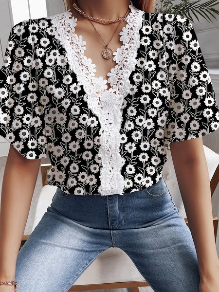 

Regular Fit V Neck Simple Short Sleeve Top, Black, Tops
