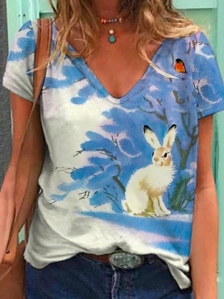 

Loosen V Neck Animal Short Sleeve T-Shirt, As picture, T-Shirts