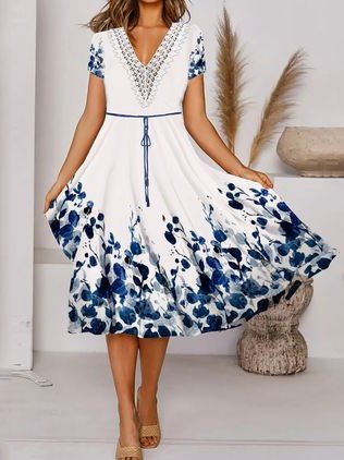 

Casual Leaves Regular Fit Short Sleeve women Dress, White, Dresses