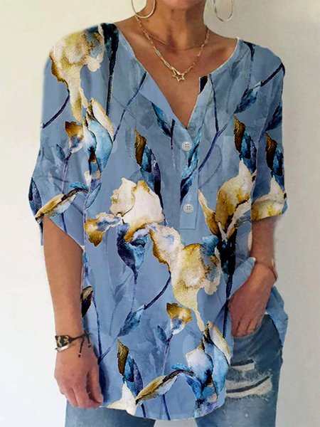 

V Neck Half Sleeve Mid Sleeve Floral Blouse, Blue, Shirts & Blouses