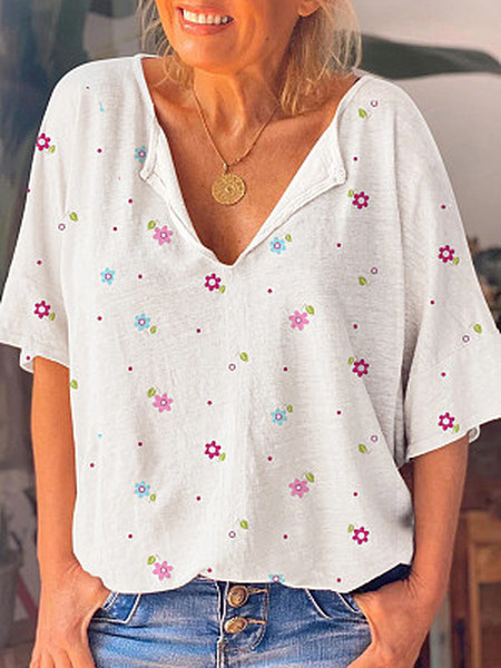 

Loosen Vacation Floral Short Sleeve Tops, White, Blouses & Shirts