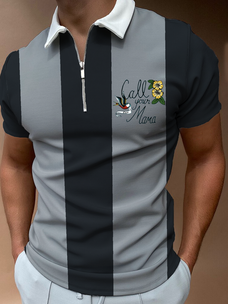 

Casual Festive Collection Mother's Day Geometric Striped Lapel Short Sleeve Polo Top, Black, Men's t-shirts