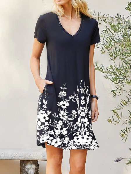 

Floral Loosen Short Sleeve Knit Dress, Black, Dresses