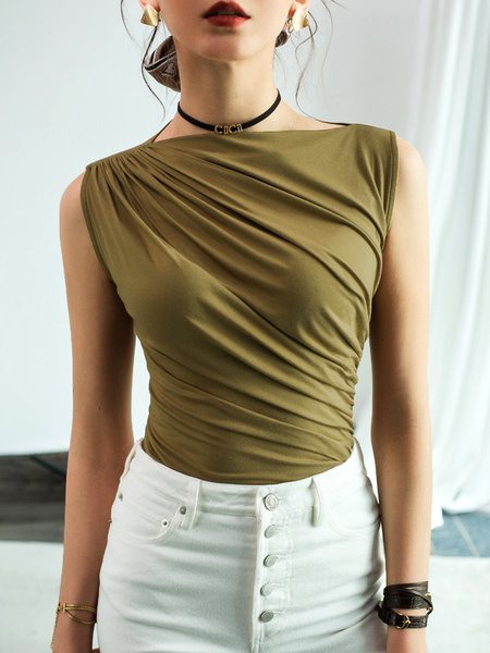 

Daily Casual Ruffled Sleeveless Solid Basic Top, Olive green, Tops