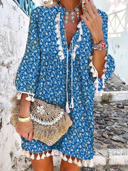 

vacation beach Regular Fit Floral Short Sleeve women Dress, Blue, Boho dresses