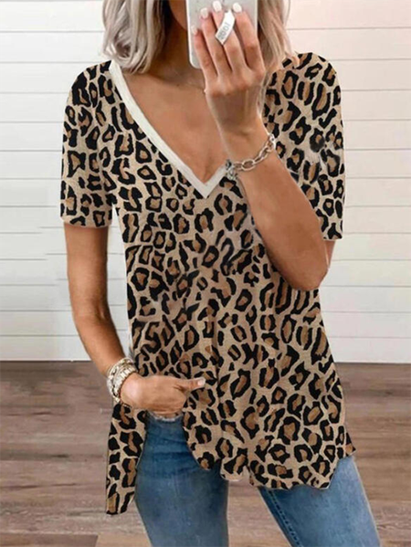 

Casual Leopard V Neck Short Sleeve T-Shirt, Khaki, T-Shirts