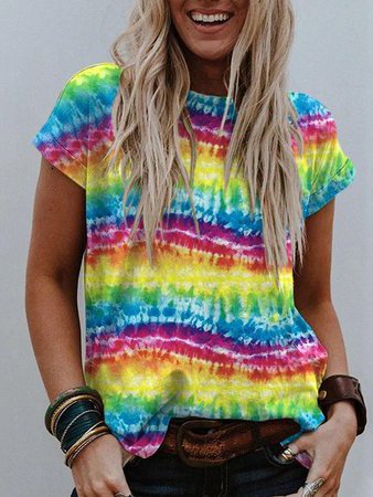 

Loosen Casual Crew Neck Tie Dye Short Sleeve T-Shirt, Multicolor, T-Shirts