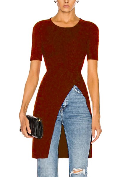 

Crew Neck Regular Fit Simple Short Sleeve Top, Crimson, Tees