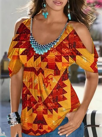 

Crew Neck Vacation Geometric Short Sleeve Tops, Multicolor, T-Shirts