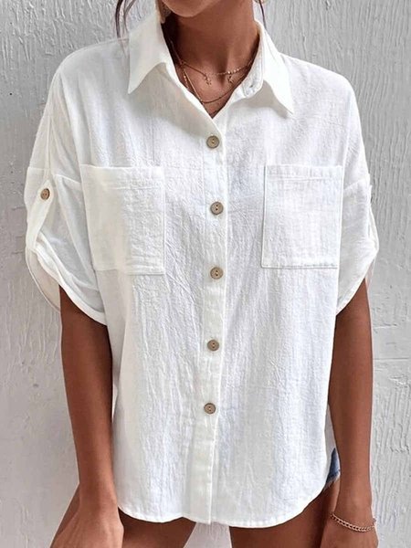 

Lapel Loosen Plain Short Sleeve Tops, White, Blouses & Shirts
