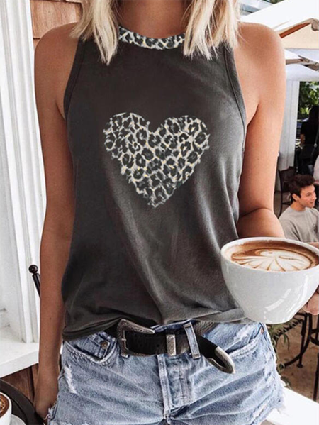 

Leopard Crew Neck Sleeveless Casual Knit Tank, Deep gray, Tank Top