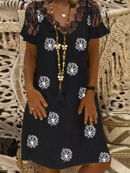 

Casual Loosen Dandelion Short Sleeve Woven Dress, Black, Mini Dresses