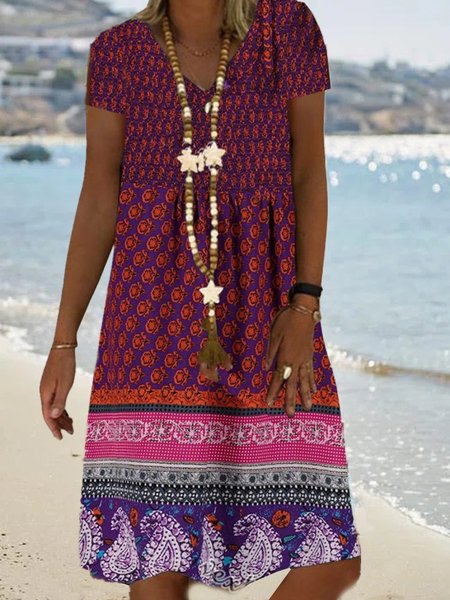 

Vacation Geometric Tribal Floral Boho Loosen V Neck Short Sleeve Midi Woven Dress, Flower, Mini Dresses