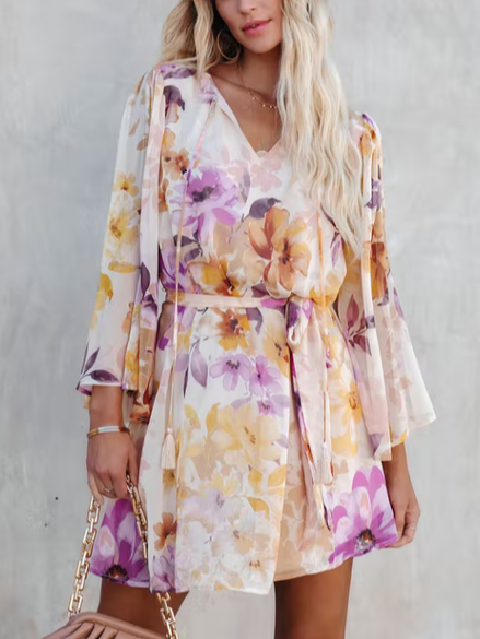 

Vacation V Neck Long Sleeve women Dress Loosen Floral, Apricot, Dresses