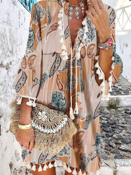 

Regular Fit V Neck Vacation Short Sleeve women Dress, Pink, Boho dresses