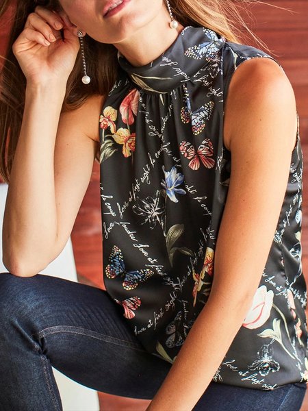 

Vacation Floral Butterfly Printed Halter Top, Black, Tops