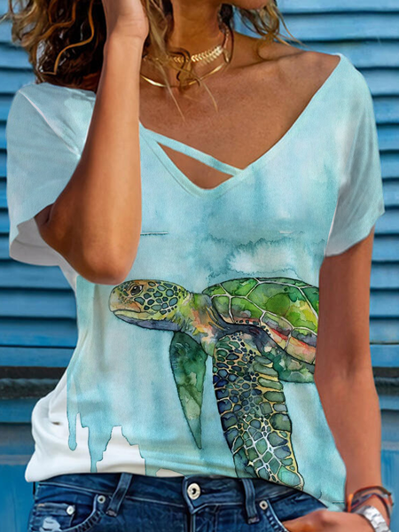 

Sea ​​Turtle Short Sleeves V Neck Plus Size Casual T-Shirt, Blue, T-Shirts