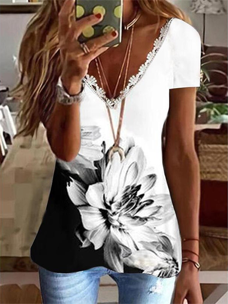

Floral V Neck Short Sleeve Casual T-Shirt, Black, T-Shirts