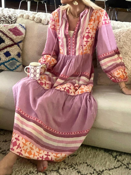 

Plus size Boho Casual Long Sleeve Dress, Multicolor, Maxi Dresses