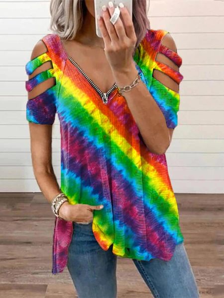 

V neck Zipper Regular Fit Vacation Short Sleeve T-Shirt, Multicolor, T-Shirts