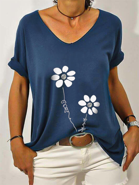 

Floral V neck Short Sleeve Casual T-Shirt, Deep blue, T-Shirts